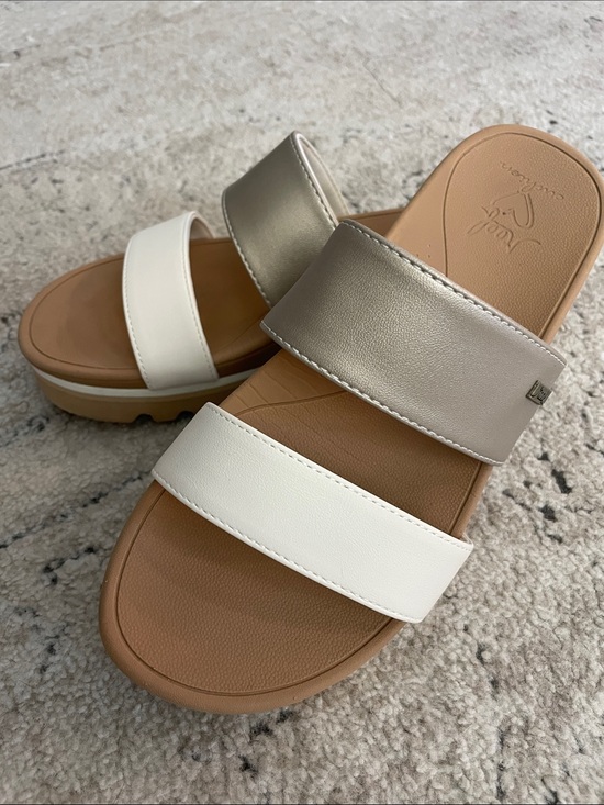 Reef Shoes - Reef Women's Dual-Strap Slides in White and Metallic Silver
